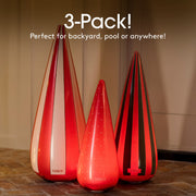 Three red and black striped inflatable pool toys on a wooden floor with text indicating a 3-pack.